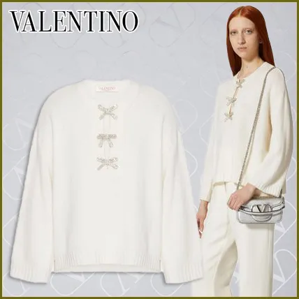 VALENTINO  |Casual Style Wool Long Sleeves Plain Logo V-neck & Crew neck