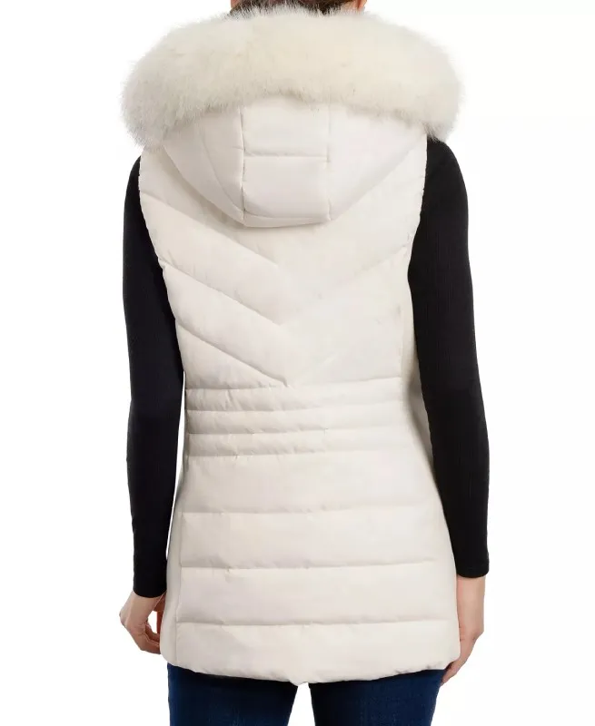 Women's Faux-Fur-Trim White Hooded Vest - The Puffer Jackets