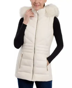 Women's Faux-Fur-Trim White Hooded Vest - The Puffer Jackets