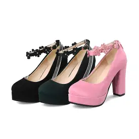 Women's Shallow Sunflower Ankle Strap Chunky Heel Platform Pumps