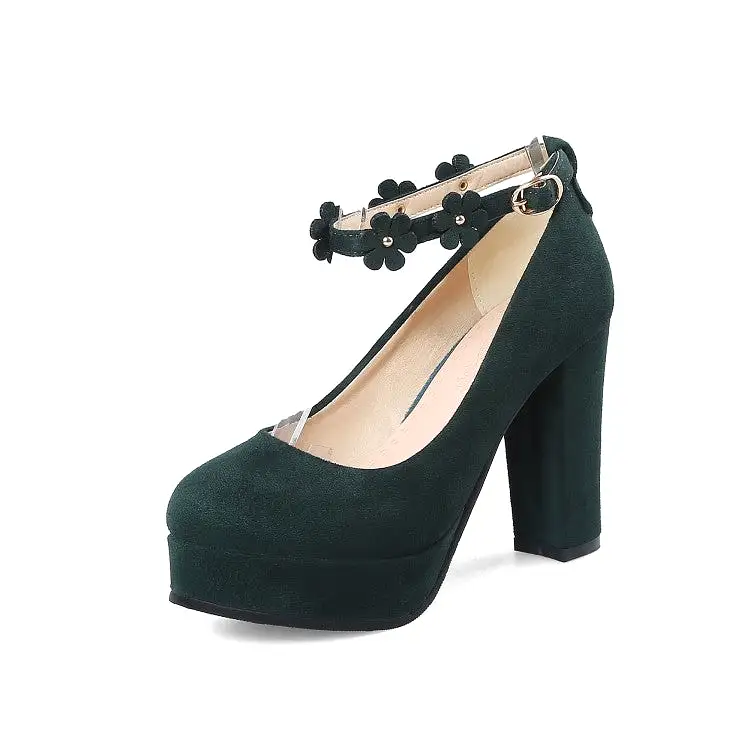 Women's Shallow Sunflower Ankle Strap Chunky Heel Platform Pumps