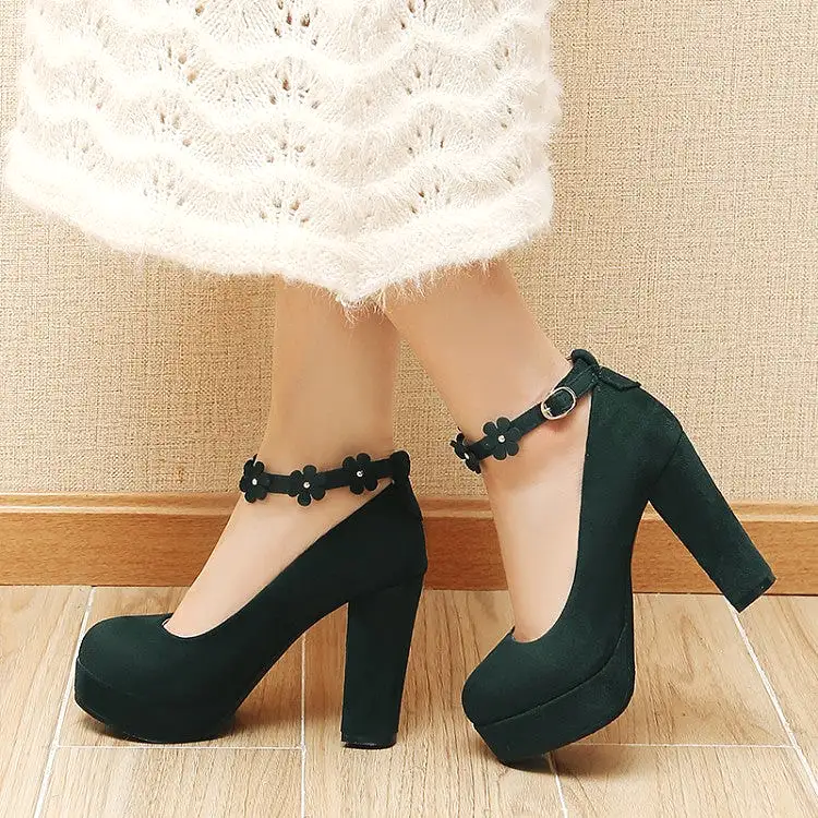 Women's Shallow Sunflower Ankle Strap Chunky Heel Platform Pumps