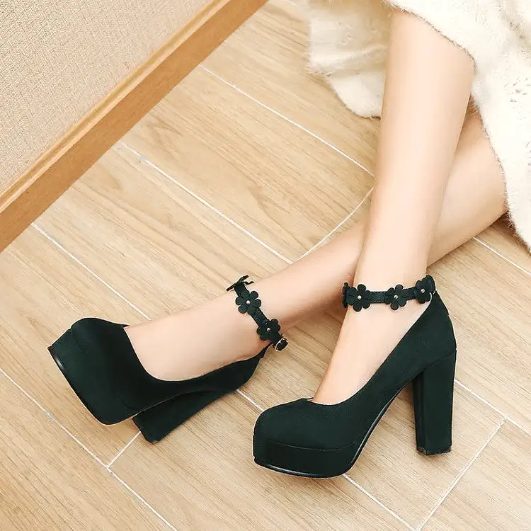 Women's Shallow Sunflower Ankle Strap Chunky Heel Platform Pumps