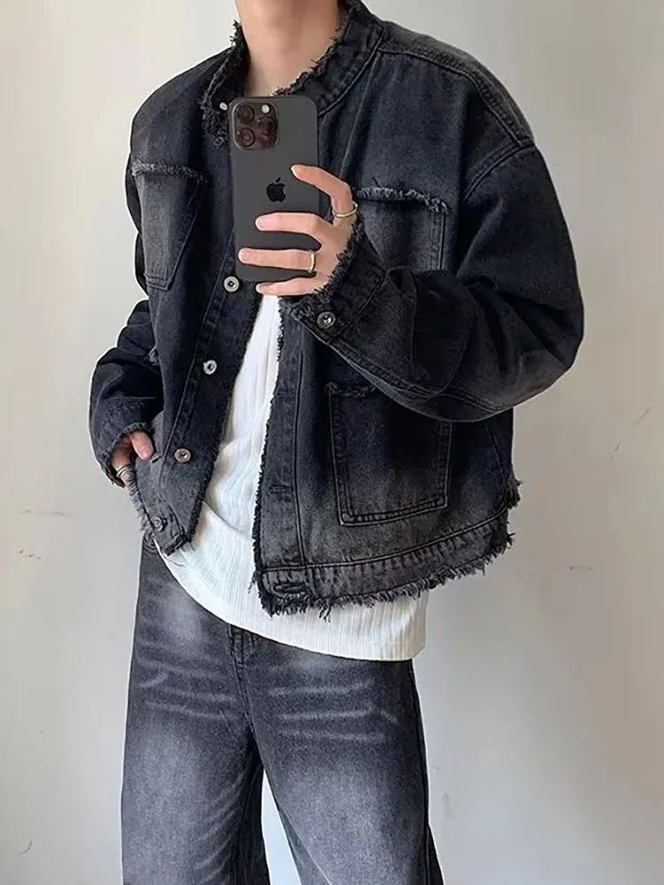 Xituodai Hip Hop Cargo Denim Jackets Men Woman Casual Loose Distressed Wash Gradient Outwear Korea Retro Raw Edge Jean Coats Uni