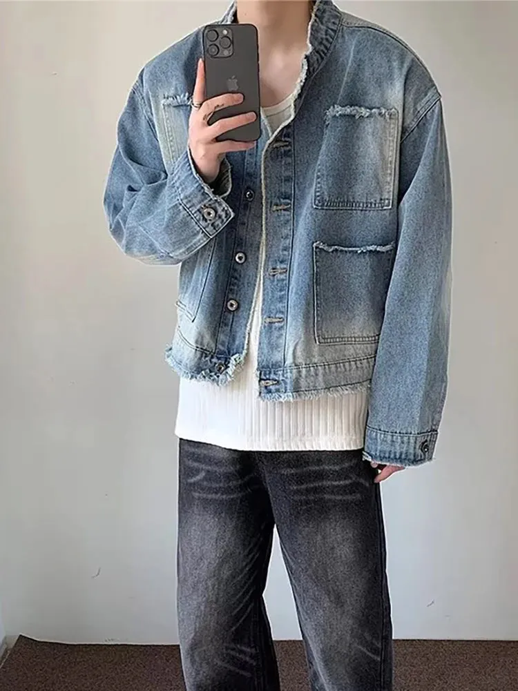 Xituodai Hip Hop Cargo Denim Jackets Men Woman Casual Loose Distressed Wash Gradient Outwear Korea Retro Raw Edge Jean Coats Uni